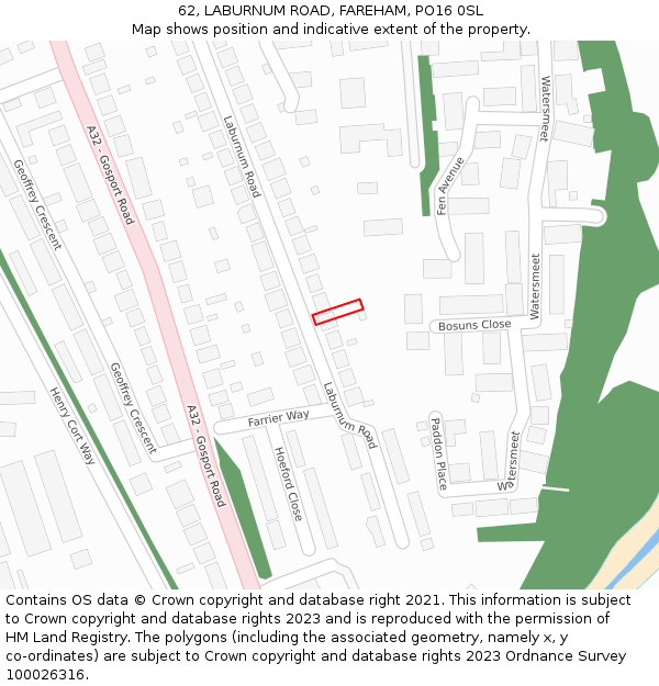 62, LABURNUM ROAD, FAREHAM, PO16 0SL: Location map and indicative extent of plot