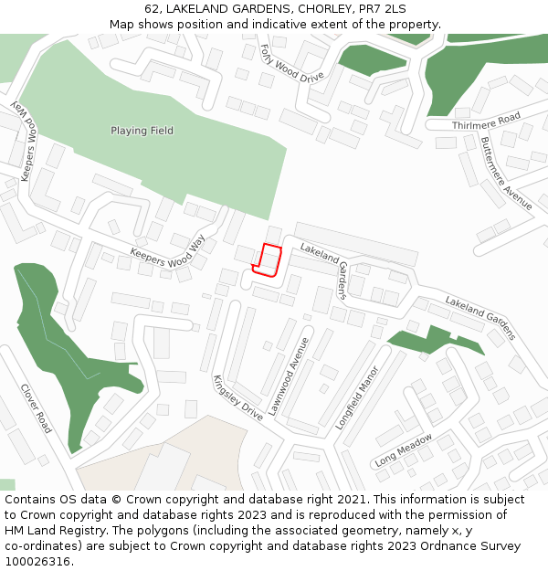 62, LAKELAND GARDENS, CHORLEY, PR7 2LS: Location map and indicative extent of plot