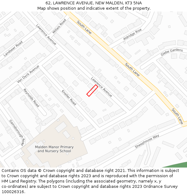 62, LAWRENCE AVENUE, NEW MALDEN, KT3 5NA: Location map and indicative extent of plot