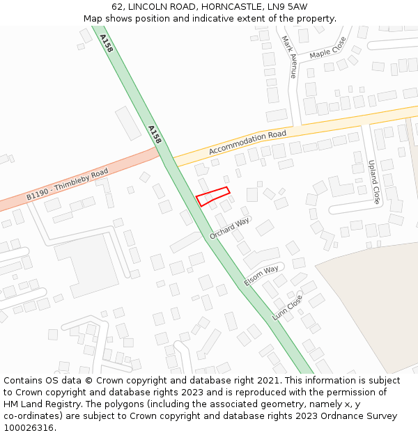 62, LINCOLN ROAD, HORNCASTLE, LN9 5AW: Location map and indicative extent of plot