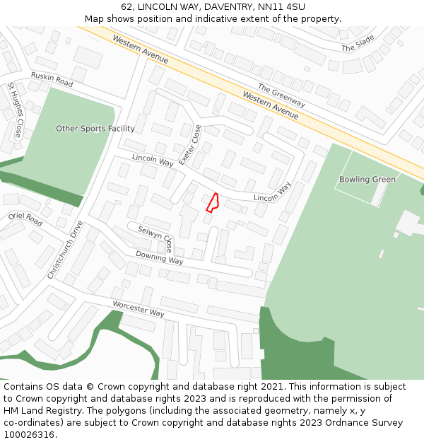 62, LINCOLN WAY, DAVENTRY, NN11 4SU: Location map and indicative extent of plot