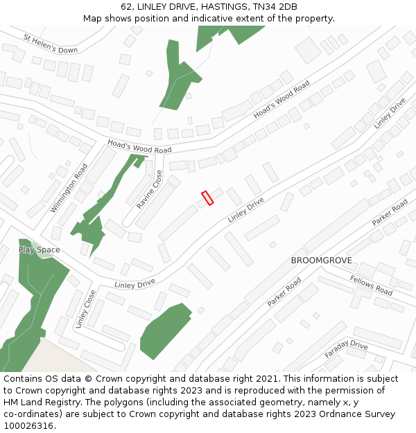 62, LINLEY DRIVE, HASTINGS, TN34 2DB: Location map and indicative extent of plot
