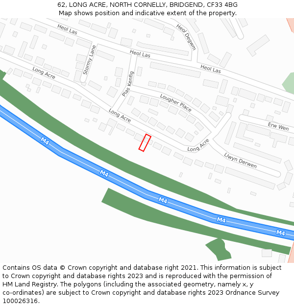 62, LONG ACRE, NORTH CORNELLY, BRIDGEND, CF33 4BG: Location map and indicative extent of plot