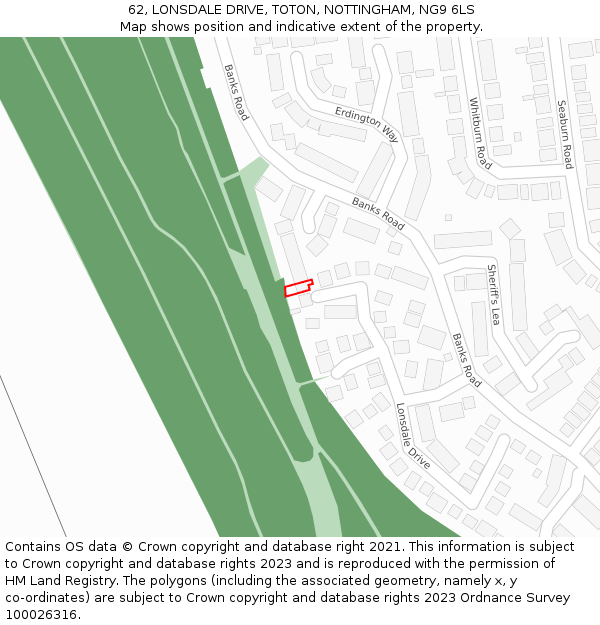 62, LONSDALE DRIVE, TOTON, NOTTINGHAM, NG9 6LS: Location map and indicative extent of plot
