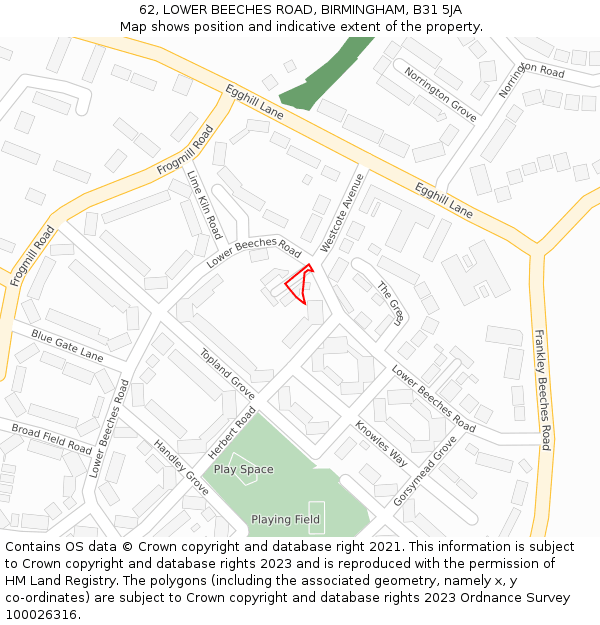 62, LOWER BEECHES ROAD, BIRMINGHAM, B31 5JA: Location map and indicative extent of plot