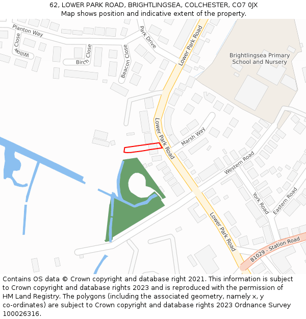 62, LOWER PARK ROAD, BRIGHTLINGSEA, COLCHESTER, CO7 0JX: Location map and indicative extent of plot