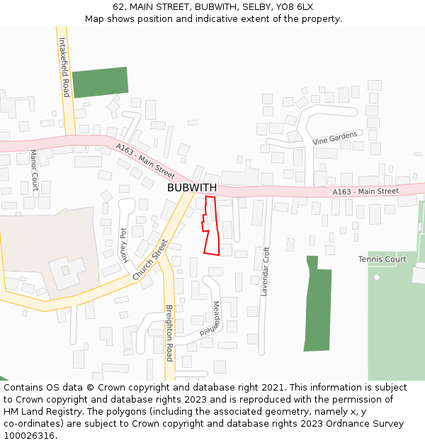 62, MAIN STREET, BUBWITH, SELBY, YO8 6LX: Location map and indicative extent of plot
