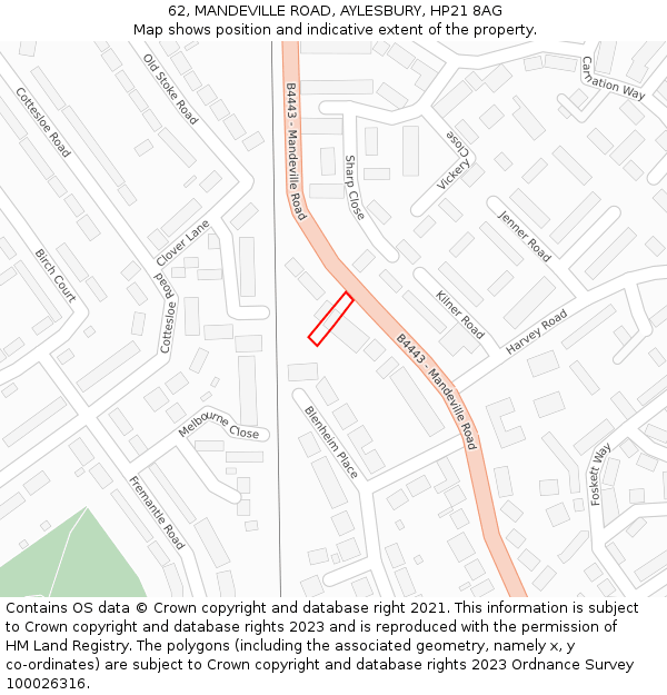62, MANDEVILLE ROAD, AYLESBURY, HP21 8AG: Location map and indicative extent of plot