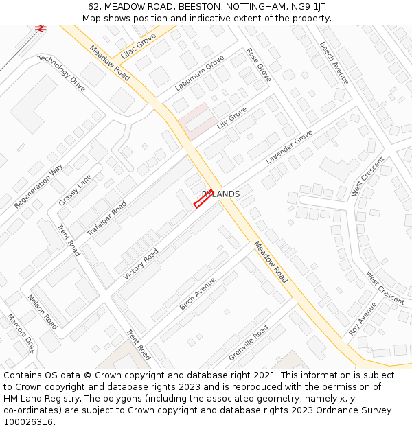 62, MEADOW ROAD, BEESTON, NOTTINGHAM, NG9 1JT: Location map and indicative extent of plot