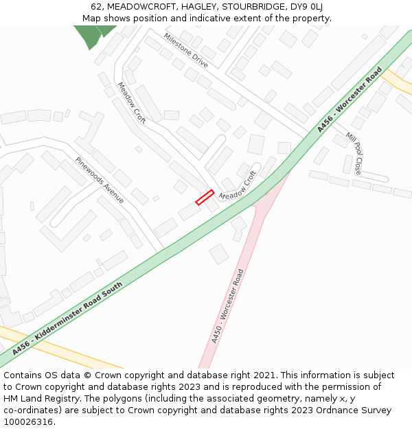 62, MEADOWCROFT, HAGLEY, STOURBRIDGE, DY9 0LJ: Location map and indicative extent of plot