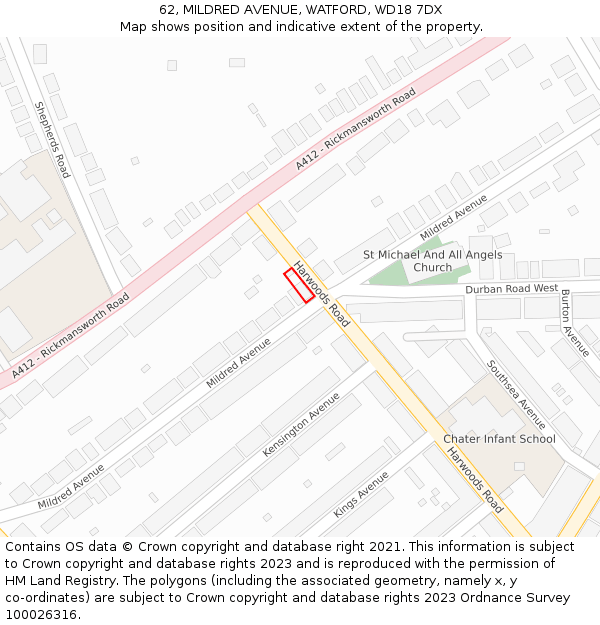 62, MILDRED AVENUE, WATFORD, WD18 7DX: Location map and indicative extent of plot