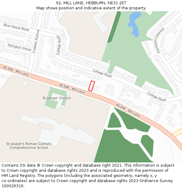 62, MILL LANE, HEBBURN, NE31 2ET: Location map and indicative extent of plot