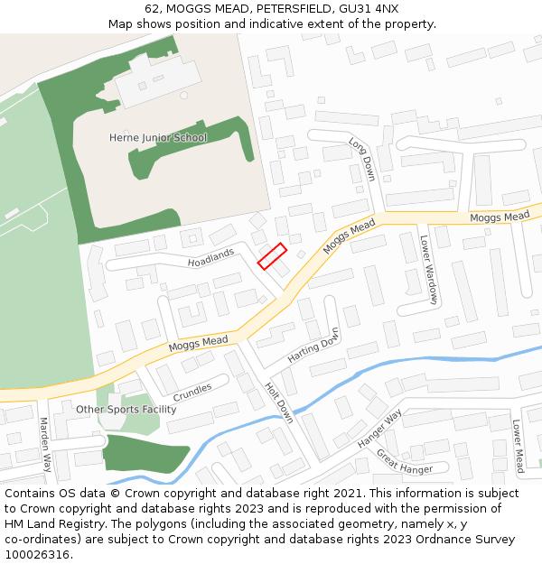 62, MOGGS MEAD, PETERSFIELD, GU31 4NX: Location map and indicative extent of plot
