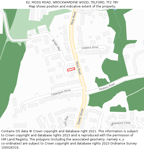 62, MOSS ROAD, WROCKWARDINE WOOD, TELFORD, TF2 7BY: Location map and indicative extent of plot