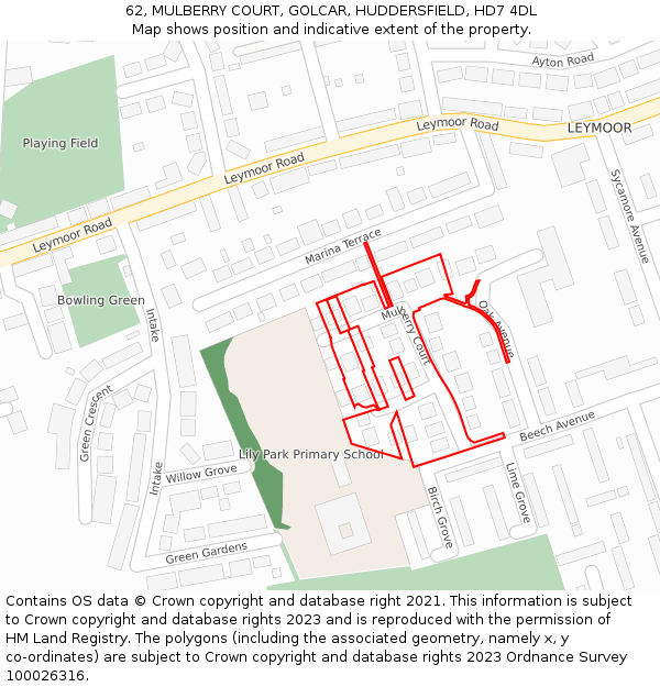62, MULBERRY COURT, GOLCAR, HUDDERSFIELD, HD7 4DL: Location map and indicative extent of plot