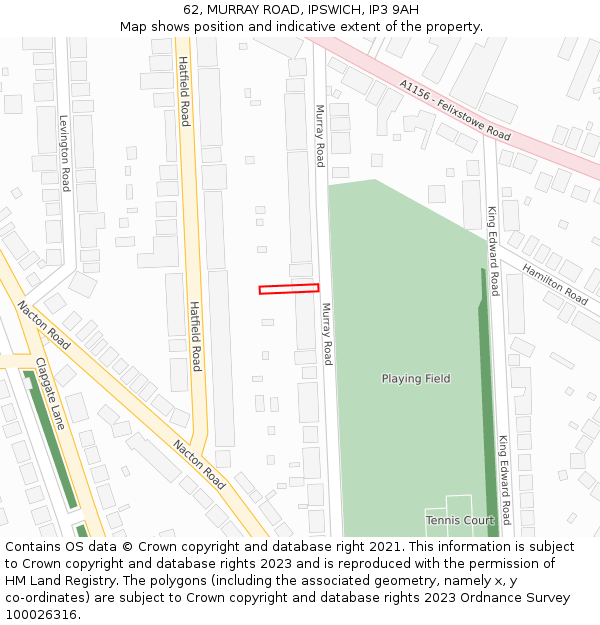 62, MURRAY ROAD, IPSWICH, IP3 9AH: Location map and indicative extent of plot