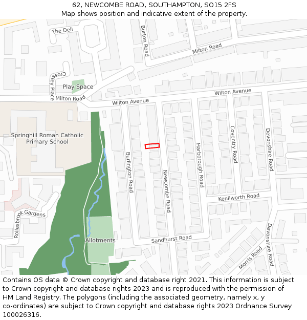62, NEWCOMBE ROAD, SOUTHAMPTON, SO15 2FS: Location map and indicative extent of plot