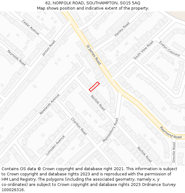 62, NORFOLK ROAD, SOUTHAMPTON, SO15 5AQ: Location map and indicative extent of plot