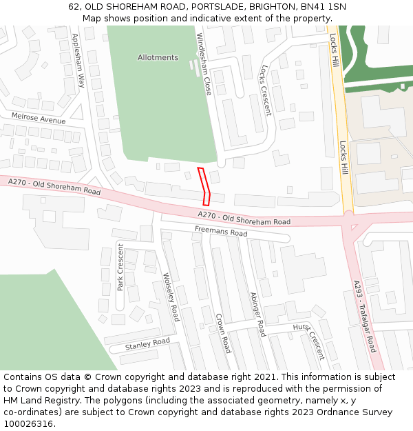 62, OLD SHOREHAM ROAD, PORTSLADE, BRIGHTON, BN41 1SN: Location map and indicative extent of plot