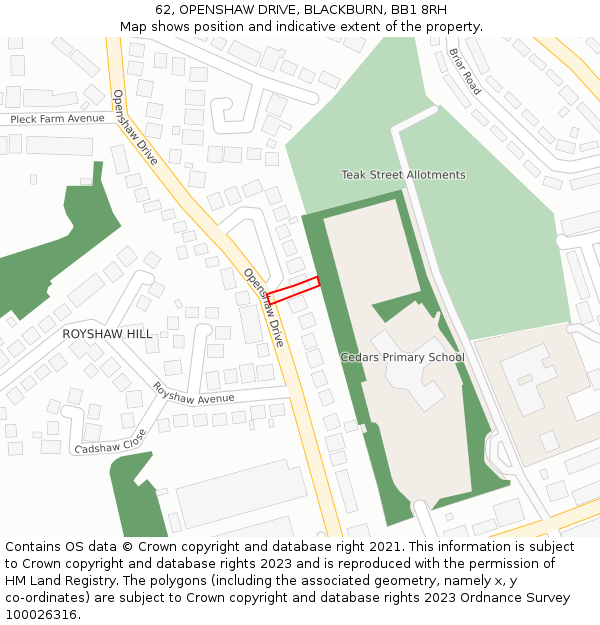 62, OPENSHAW DRIVE, BLACKBURN, BB1 8RH: Location map and indicative extent of plot