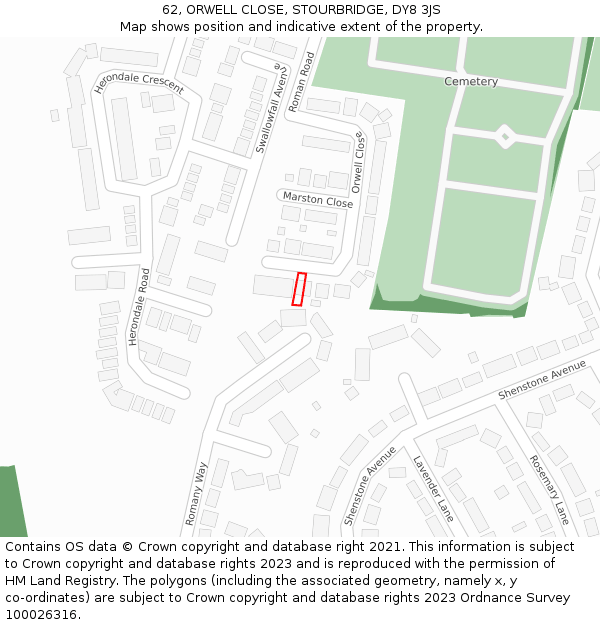 62, ORWELL CLOSE, STOURBRIDGE, DY8 3JS: Location map and indicative extent of plot