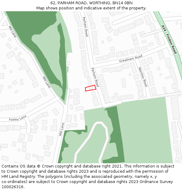 62, PARHAM ROAD, WORTHING, BN14 0BN: Location map and indicative extent of plot