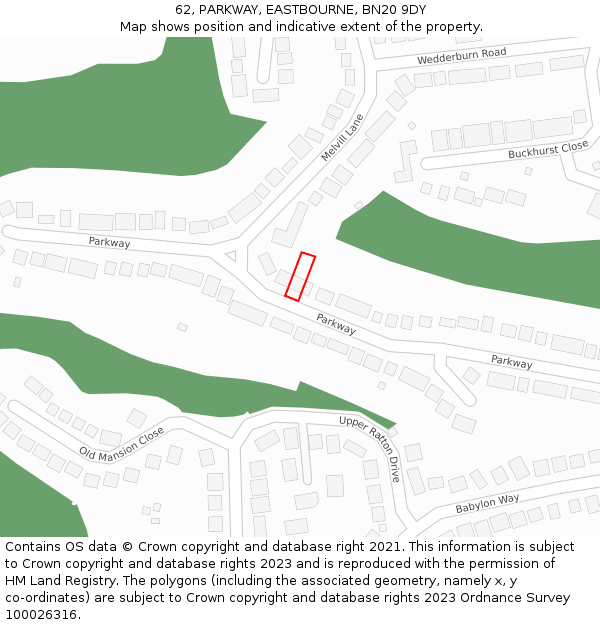 62, PARKWAY, EASTBOURNE, BN20 9DY: Location map and indicative extent of plot