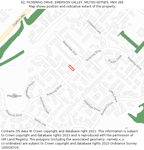 62, PICKERING DRIVE, EMERSON VALLEY, MILTON KEYNES, MK4 2EE: Location map and indicative extent of plot
