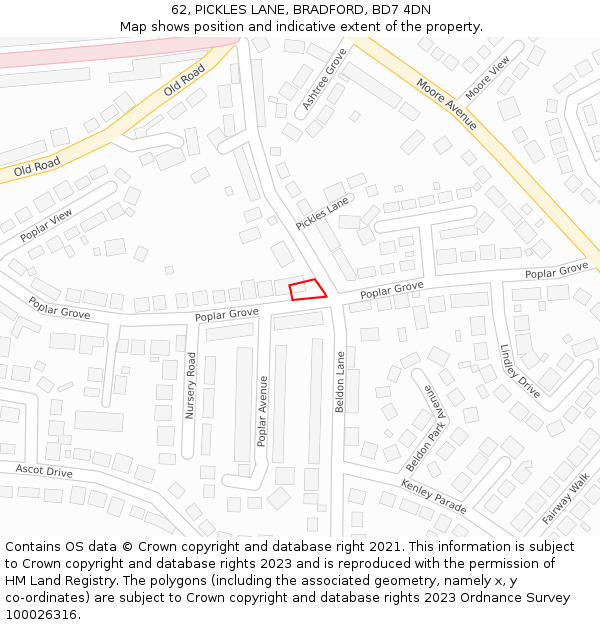 62, PICKLES LANE, BRADFORD, BD7 4DN: Location map and indicative extent of plot