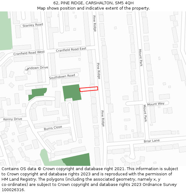 62, PINE RIDGE, CARSHALTON, SM5 4QH: Location map and indicative extent of plot