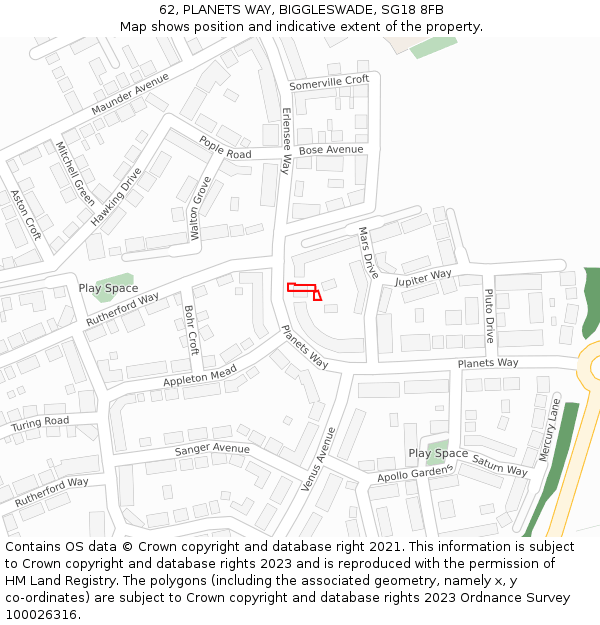 62, PLANETS WAY, BIGGLESWADE, SG18 8FB: Location map and indicative extent of plot