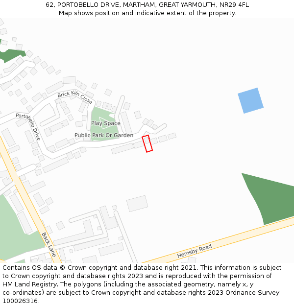 62, PORTOBELLO DRIVE, MARTHAM, GREAT YARMOUTH, NR29 4FL: Location map and indicative extent of plot
