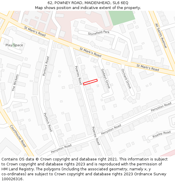 62, POWNEY ROAD, MAIDENHEAD, SL6 6EQ: Location map and indicative extent of plot