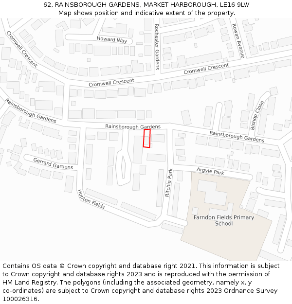 62, RAINSBOROUGH GARDENS, MARKET HARBOROUGH, LE16 9LW: Location map and indicative extent of plot