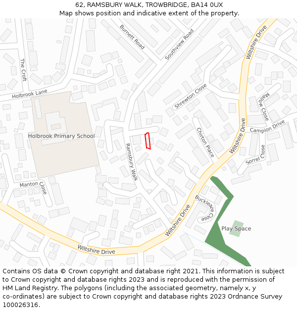 62, RAMSBURY WALK, TROWBRIDGE, BA14 0UX: Location map and indicative extent of plot