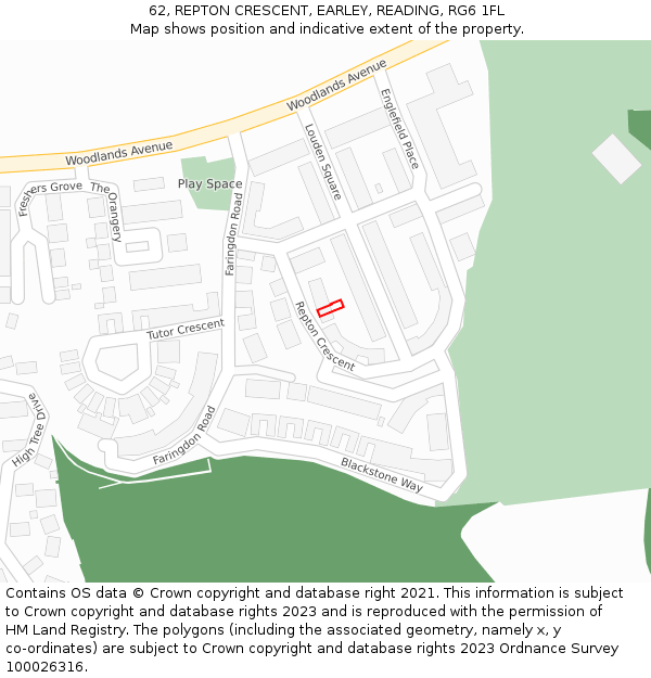 62, REPTON CRESCENT, EARLEY, READING, RG6 1FL: Location map and indicative extent of plot