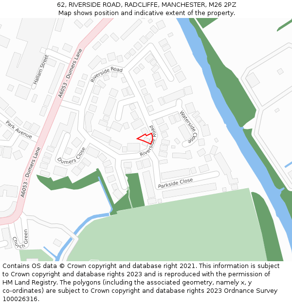 62, RIVERSIDE ROAD, RADCLIFFE, MANCHESTER, M26 2PZ: Location map and indicative extent of plot
