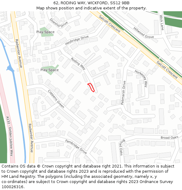 62, RODING WAY, WICKFORD, SS12 9BB: Location map and indicative extent of plot