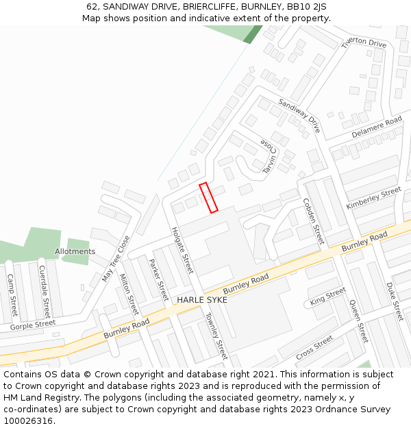62, SANDIWAY DRIVE, BRIERCLIFFE, BURNLEY, BB10 2JS: Location map and indicative extent of plot