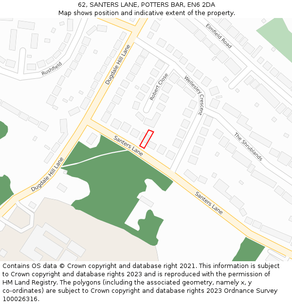 62, SANTERS LANE, POTTERS BAR, EN6 2DA: Location map and indicative extent of plot