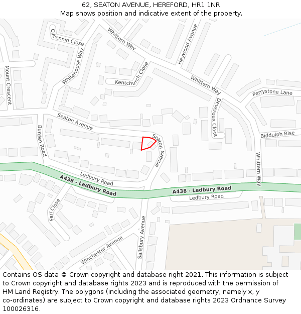 62, SEATON AVENUE, HEREFORD, HR1 1NR: Location map and indicative extent of plot