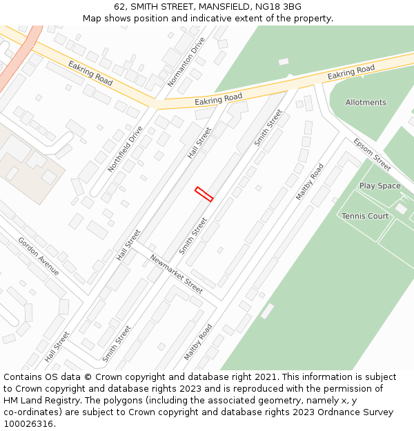 62, SMITH STREET, MANSFIELD, NG18 3BG: Location map and indicative extent of plot