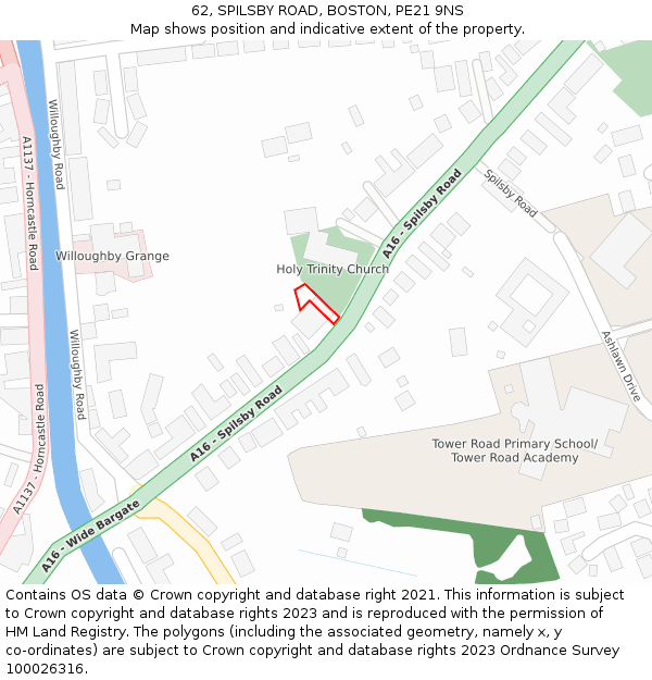 62, SPILSBY ROAD, BOSTON, PE21 9NS: Location map and indicative extent of plot