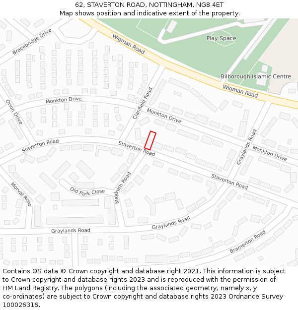 62, STAVERTON ROAD, NOTTINGHAM, NG8 4ET: Location map and indicative extent of plot