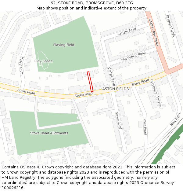 62, STOKE ROAD, BROMSGROVE, B60 3EG: Location map and indicative extent of plot