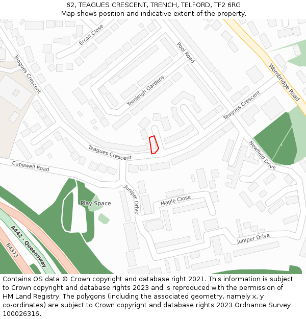 62, TEAGUES CRESCENT, TRENCH, TELFORD, TF2 6RG: Location map and indicative extent of plot