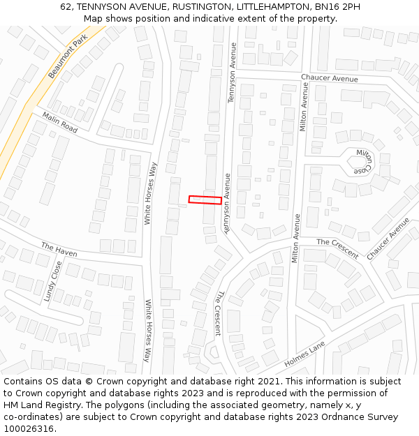 62, TENNYSON AVENUE, RUSTINGTON, LITTLEHAMPTON, BN16 2PH: Location map and indicative extent of plot