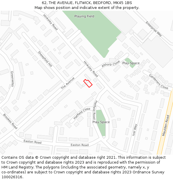 62, THE AVENUE, FLITWICK, BEDFORD, MK45 1BS: Location map and indicative extent of plot