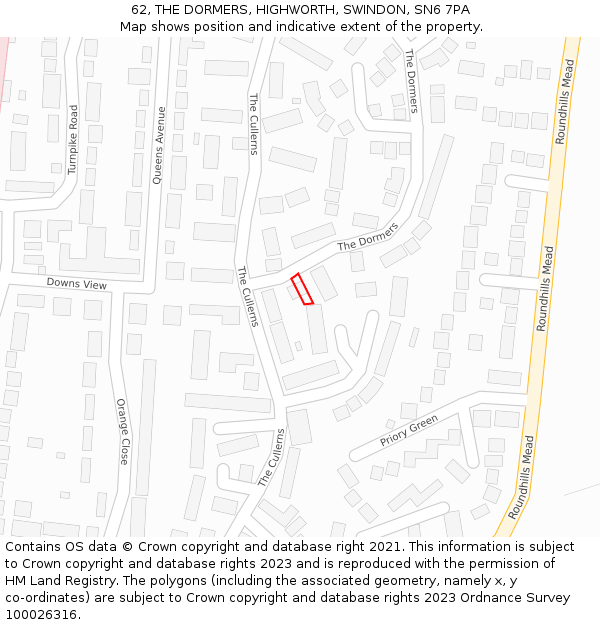 62, THE DORMERS, HIGHWORTH, SWINDON, SN6 7PA: Location map and indicative extent of plot