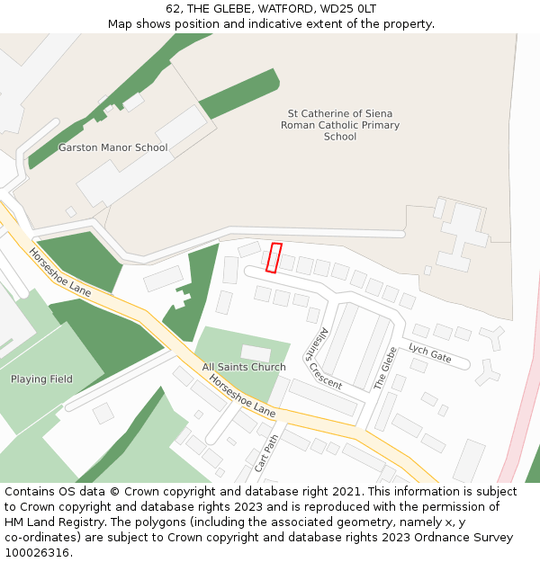62, THE GLEBE, WATFORD, WD25 0LT: Location map and indicative extent of plot